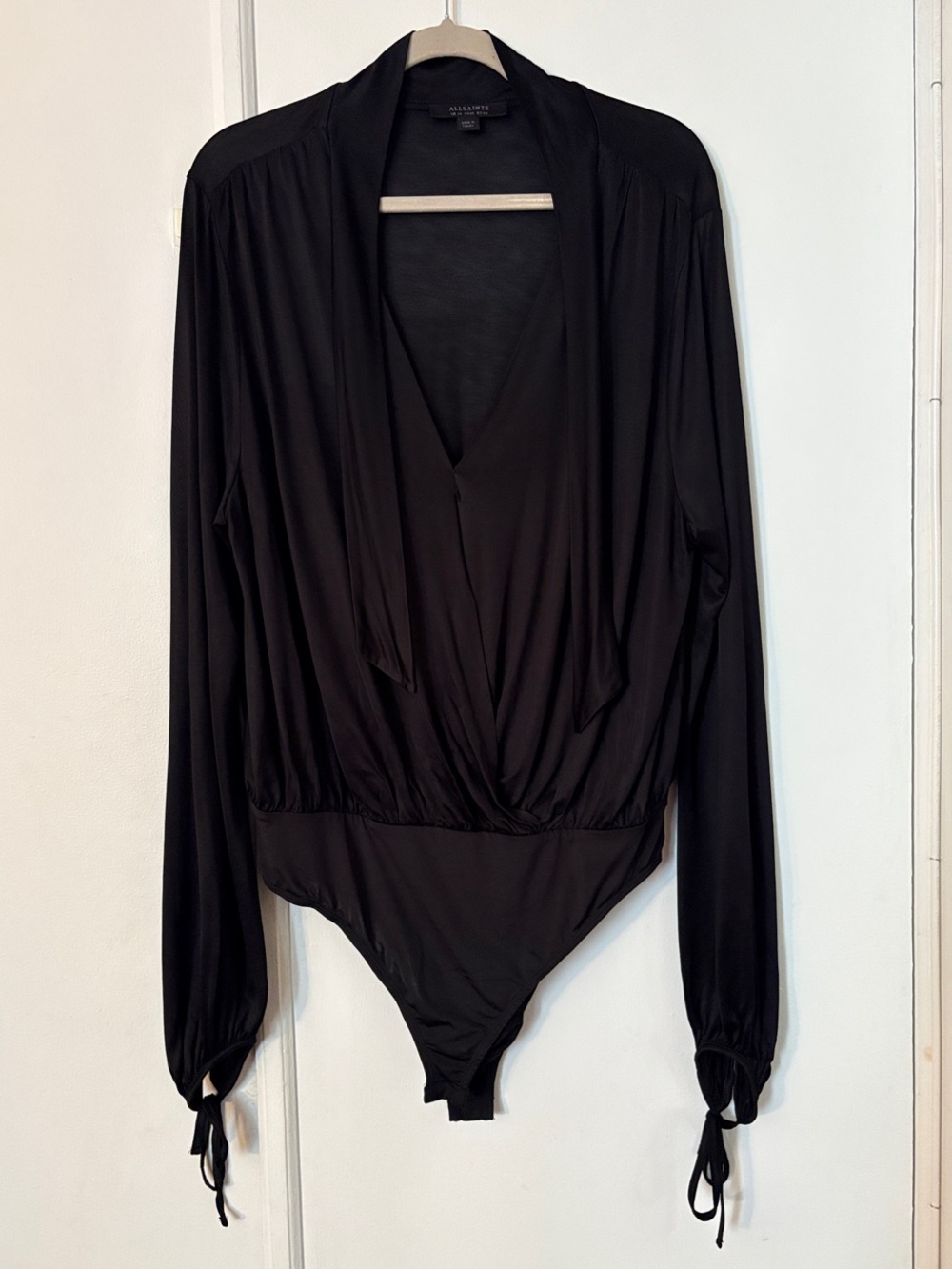 All Saints Black Long-Sleeve Wrap Bodysuit with Neck Tie